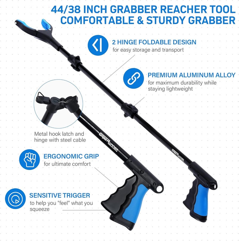 GrabRunner 38 Inch & 44 Inch Extra Long Grabber Reacher Tool Set – Extendable Reacher Grabber Pickup Tools for Seniors, Disabled and Hard-to-Reach Areas, Ergonomic Grip & Lightweight Design（Blue） - Image 3